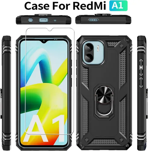 Vista 2 de Funda para Xiaomi Redmi A1/A2 con [2 unidades] Protector de pantalla de vidrio templado, para Redmi A1 / A2 Case Heavy Duty Armor [Grado Militar]