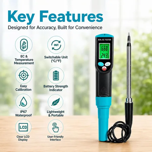 Vista 2 de Medidor digital EC de suelo 2 en 1 plantas porfesionales medidor de temperatura EC con sensor con cable, pantalla LCD retroiluminada, compensación