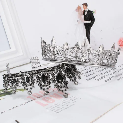Vista 2 de AOPRIE King & Queen Artemis Tiara y corona para mujeres y hombres, cristal, aleación, diamantes de imitación, formal, temático, unisex, negro, boda