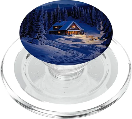 Vista 8 de Cabaña nevada del bosque de invierno en pinos PopSockets estándar PopGrip