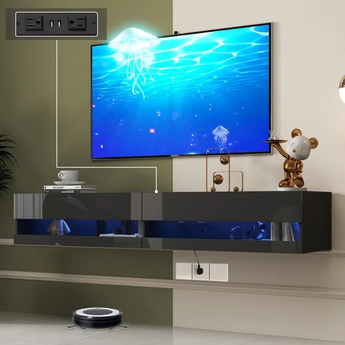 Vista 12 de Soporte flotante para TV montado en la pared con toma de corriente, moderno centro de entretenimiento flotante para TV de 70 pulgadas, estante