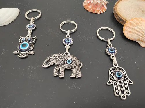 Vista 5 de Juego de 3 llaveros de ojo turco azul malvado, regalo para mujeres u hombres, Azul, Plateado, Pequeño, Llavero contra el mal de ojo