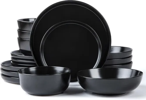 Vista 18 de ARORA SKUGGA Juego de vajilla redonda de cerámica de 16 piezas de 4, platos, platos pequeños, cuencos y tazas - Negro mate (472979)