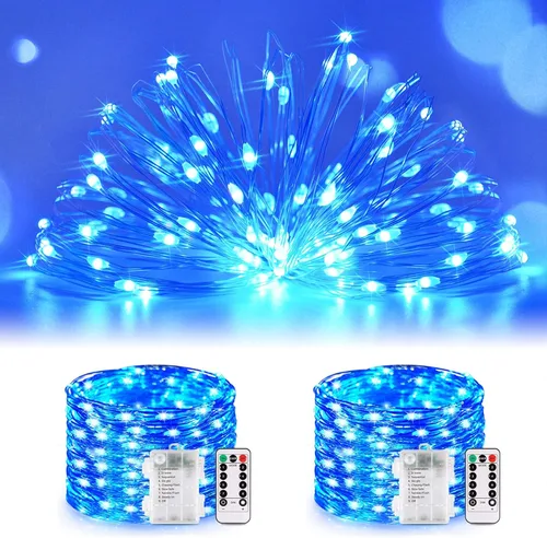 Vista 22 de JMEXSUSS Paquete de 2 Luces de Hadas Verdes a Batería, Total 200 LED 66 pies Luces de Cadena Parpadeantes con Control Remoto, 8 Modos de Luces