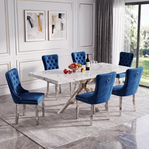 Vista 25 de Henf Mesa de comedor de mármol sintético blanco de 70 pulgadas para 4-6 personas, mesa de cocina rectangular moderna con mesa de mármol sintético