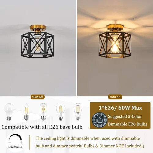 Vista 7 de Lámpara de Techo Moderna de Granja Negra y Dorada, Lámpara de Techo Industrial Semiempotrada, Accesorios de Iluminación Hexagonal para Pasillo