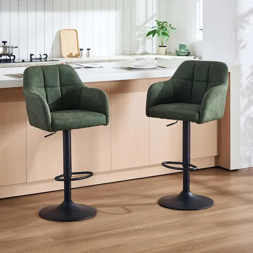 Vista 10 de Moderno juego de 2 taburetes de bar giratorios de piel sintética con apoyabrazos, silla de bar ajustable tapizada con base de metal reposapiés