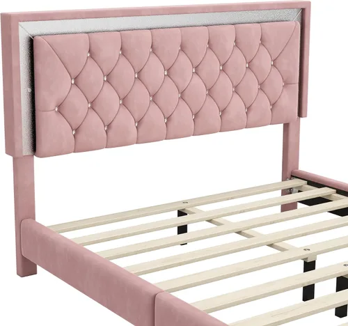 Vista 8 de Juego de muebles de dormitorio de 3 piezas, cama de plataforma tapizada tamaño Queen con luces LED y 2 mesitas de noche, cama de plataforma