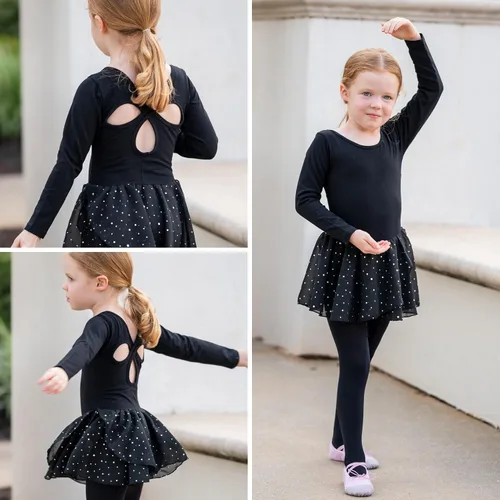 Vista 6 de Arshiner Leotardo de ballet de manga larga para niñas, con espalda hueca brillante, vestido de leotardo con falda de baile