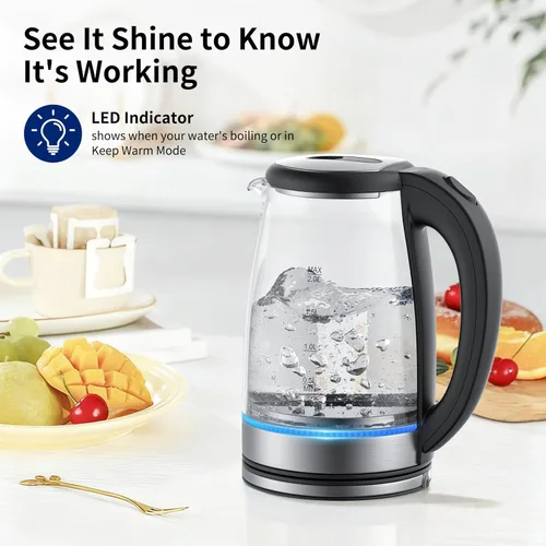 Vista 8 de Hervidor eléctrico de vidrio de 2 L, 1500 W, hervidor de agua caliente de ebullición rápida con apagado automático, luz LED, sin BPA, vidrio