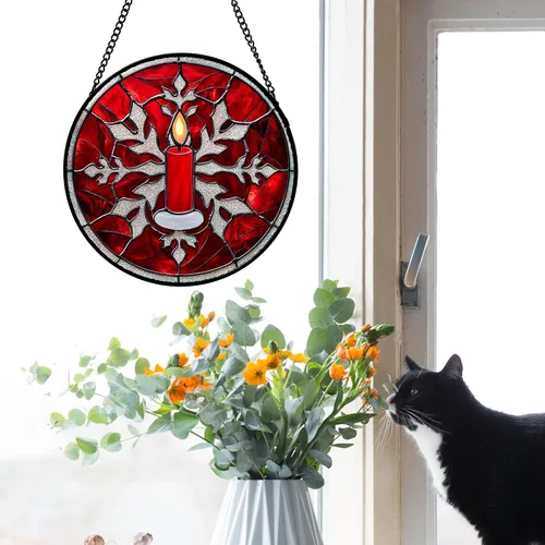 Vista 4 de DASTOLL Juego de 4 Piezas de Decoración Colgante para Ventana de Vidrio Manchado Rojo Temática de Navidad 16 cm - Atrapasoles para Puerta, Jardín