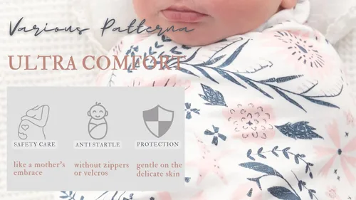 Vista 3 de Manta elástica con estampado floral para recién nacido, con diadema a juego (azul y rosa) Baby Grils Receiving Blanket with Name Card Stretch Wrap