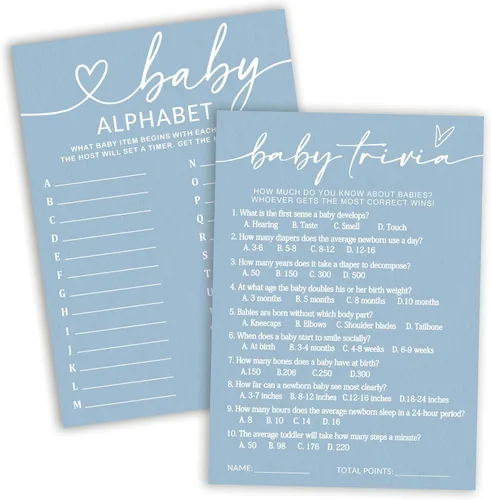 Vista 14 de Divertidos juegos de baby shower, trivia para bebés y alfabeto, juegos de doble cara, ideas de decoración de fiesta azul minimalismo, 25 piezas de 5