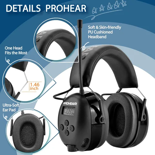 Vista 7 de PROHEAR 033 - Auriculares con radio AM/FM Bluetooth 5.4 - Batería recargable USB C de 2000mAh - Auriculares con radio para protección auditiva