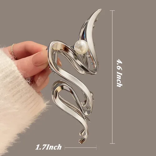 Vista 6 de Pinzas de pelo de cinta plateada de metal con perlas, accesorios para el cabello para mujeres y niñas, elegantes pinzas para el cabello ondulado