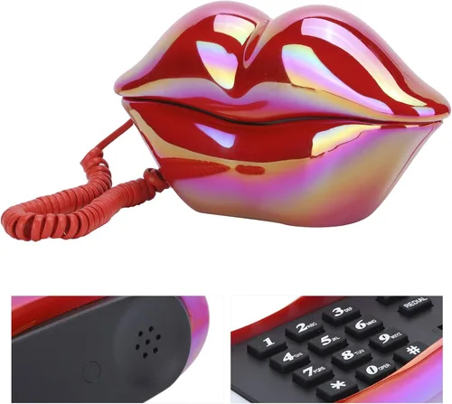 Vista 8 de Teléfono de labios galvanoplastia, teléfono con forma de labios lindos de moda, teléfono fijo de escritorio con cableado de EE. UU./Reino Unido