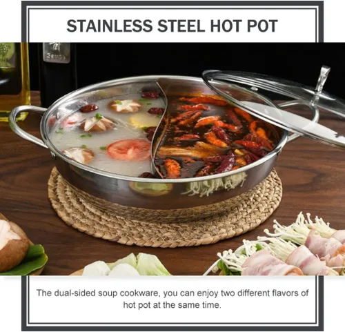 Vista 2 de 1 set de acero inoxidable doble olla caliente estilo chino doble sabor olla caliente asas cómodas diseño anti-quemaduras para reuniones de invierno