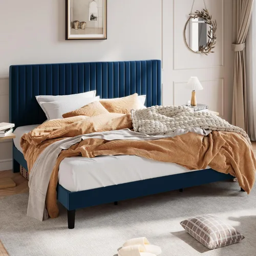 Vista 21 de SHA CERLIN Base de cama de plataforma tapizada completa con cabecera ajustable, tela de terciopelo capitoné de canal vertical, soporte de listones