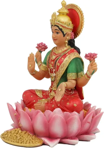 Vista 3 de Ebros sentado hermosa diosa hindú Lakshmi meditando en la estatua del trono de loto 6.25 pulgadas de alto esposa y Shakti de Vishnu Patrona
