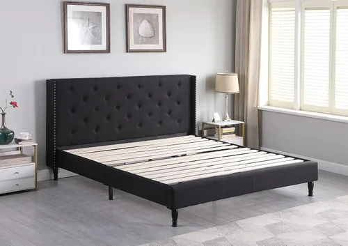 Vista 5 de Base de cama de plataforma tapizada tamaño King con cabecera de 45 pulgadas y base ajustable, cama de lino copetuda con botones, soporte de listones