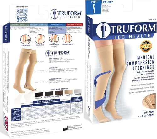 Vista 3 de Truform - Medias de compresión de 20-30 mmHg para hombres y mujeres, altura hasta el muslo, punta cerrada, con detalle de punto, beige, talla S