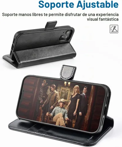 Vista 4 de OCASE Funda tipo cartera compatible con iPhone 13, de piel sintética con tapa tipo folio, con tarjetero, bloqueo RFID, soporte