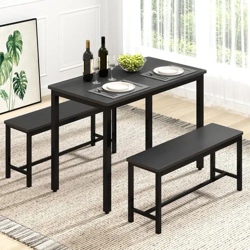 Vista 11 de Rovibek Juego de 4 sillas de mesa de comedor para 4, mesa de cocina moderna que ahorra espacio con 2 bancos y pies ajustables, mesa de desayuno