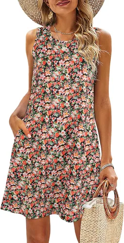 Vista 124 de SimpleFun - Vestidos de verano para mujer, camiseta floral, vestido de playa de estilo bohemio, informal, con bolsillos y sin mangas