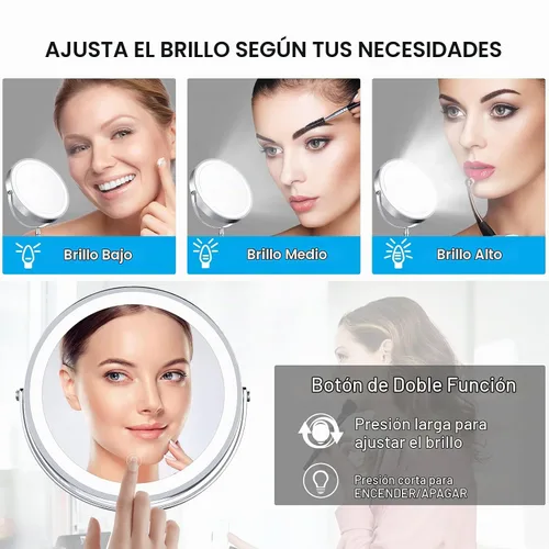 Vista 5 de Espejo de maquillaje iluminado de 8 pulgadas, espejo de maquillaje 10X con luces, espejo de aumento regulable de doble cara con luz, recargable