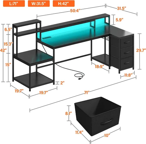 Vista 3 de Escritorio para juegos en forma de L de 71 pulgadas con 3 cajones y estante superior, escritorio para computadora con soporte para monitor y toma