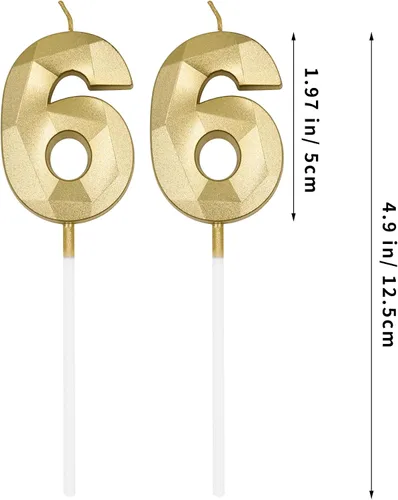 Vista 2 de Velas de cumpleaños número 66 para pastel, velas doradas con forma de diamante 3D con forma de diamante, decoraciones de cumpleaños, suministros