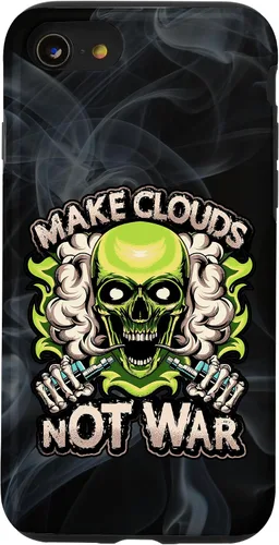 Vista 13 de iPhone 15 Make Clouds Not War Vaping Green Skull Vape Mod Caso