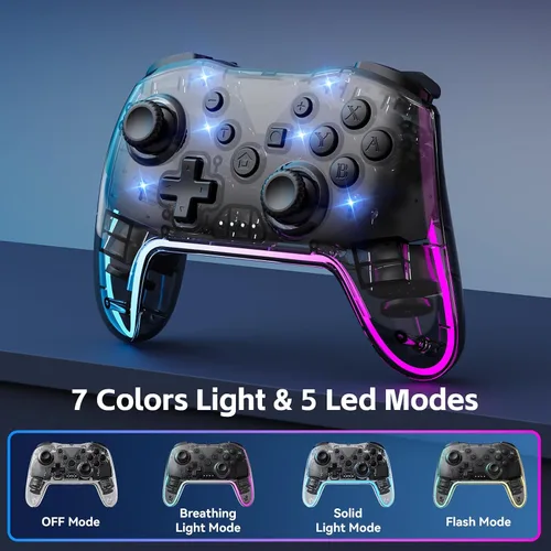 Vista 2 de Controlador inalámbrico para Switch/Lite/OLED/PC/Android/iOS - Gamepad ergonómico con iluminación RGB de 7 colores, ajuste de turbo/vibración