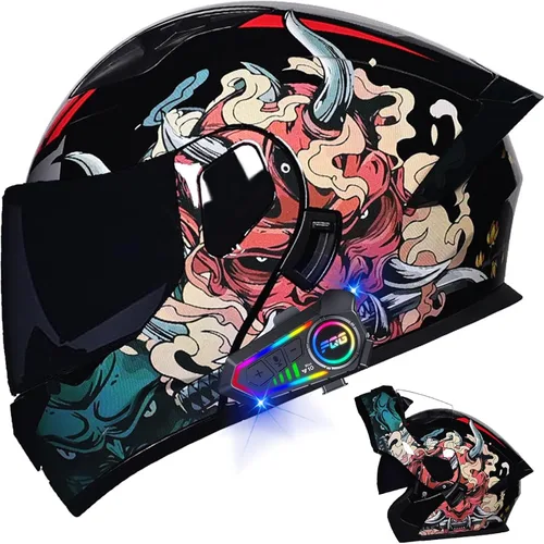 Vista 31 de Casco modular Bluetooth para motocicleta, aprobado por DOT, de cara completa, abatible, antivaho, doble visera, casco de motocicleta de calle, LENTE