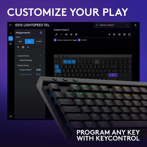 Vista 7 de Logitech G 515 Lightspeed TKL - Teclado inalámbrico para juegos de perfil bajo, LIGHTSYNC RGB, diseño delgado sin teclas, teclas PBT de doble