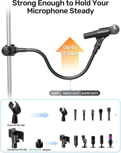 Vista 5 de Soporte de micrófono de cuello de cisne de 19 pulgadas, soporte flexible de brazo de micrófono con clip con súper abrazadera y adaptador de 5/8 a