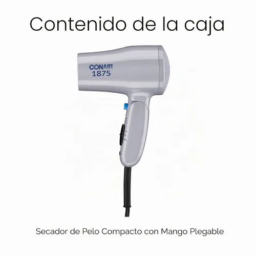 Vista 7 de Secador de pelo compacto Conair con mango plegable, secador de viaje de 1875 W con accesorios difusor y concentrador, 2 ajustes de calor y 2