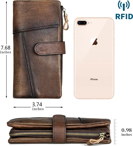 Vista 3 de LETEULO Cartera con cierre de bloqueo RFID para mujer, organizador vintage de carteras para frotar a mano