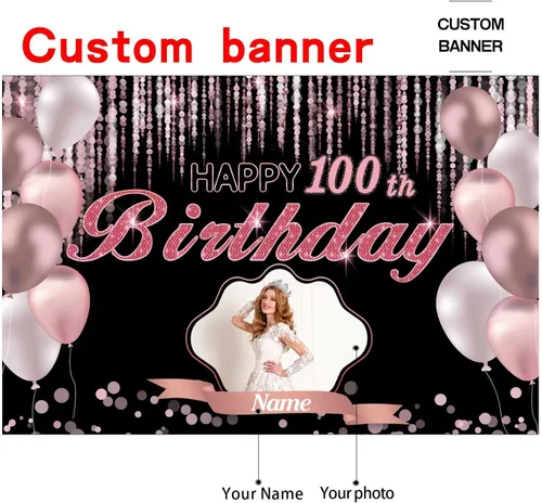 Vista 2 de Cartel de decoración de feliz cumpleaños número 100 de oro rosa, tamaño grande, personalización con nombre y foto compatible