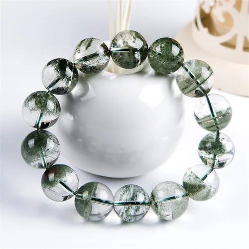 Vista 2 de Natural Green Phantom vidrio de cuarzo ronda Bead Stretch Mens pulsera 16mm
