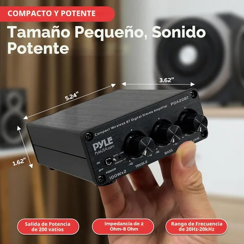 Vista 3 de Pyle Mini amplificador de audio Bluetooth HiFi - Receptor de amplificador estéreo de escritorio PC digital de clase D (2 x 100 vatios máximo)