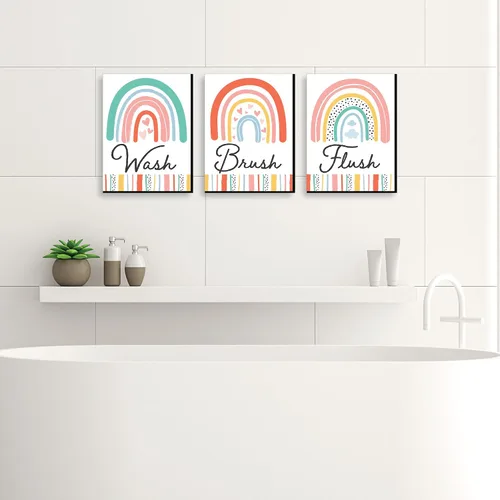 Vista 2 de Big Dot of Happiness Hello Rainbow - Arte de pared bohemio con reglas de baño para niños, 7.5 x 10 pulgadas, juego de 3 letreros, lavado, cepillo