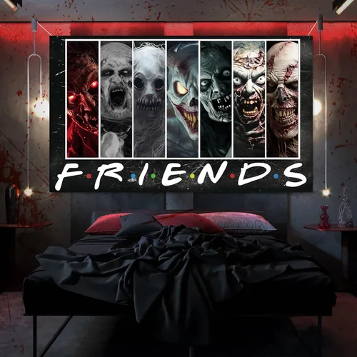 Vista 4 de Telón de fondo de personajes de película de terror, decoración de fiesta de Halloween, pancarta clásica de personajes de películas de miedo