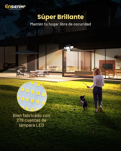 Vista 8 de Ensenior Luces solares para exteriores de 2600 lúmenes, luz exterior con sensor de movimiento y control remoto, impermeable IP65, 279 LED, 4