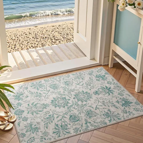 Vista 191 de jinchan Lima - Alfombra simétrica floral geométrica lavable, alfombra de entrada de medio círculo de 2 x 3, alfombra de media luna, suave y Azul