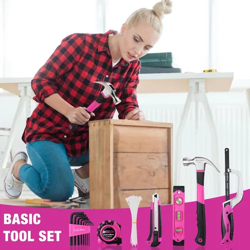 Vista 3 de ValueMax Kit de herramientas rosa, juego de herramientas de reparación del hogar de 218 piezas, kit de herramientas para el hogar con bolsa
