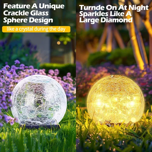 Vista 4 de Luces solares de bola de jardín impermeables para exteriores, 30 luces LED de vidrio agrietado, luces de suelo para camino, patio, césped