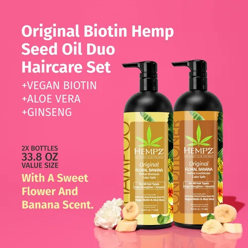 Vista 2 de HEMPZ Juego de champú y acondicionador, aroma floral y plátano original para cabello seco, dañado y teñido - Biotina vegana hidratante, suavizante