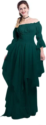 Vista 3 de Vestido victoriano para mujer, disfraz medieval vintage, manga abombada, hombros descubiertos, vestido de princesa renacentista alto y bajo