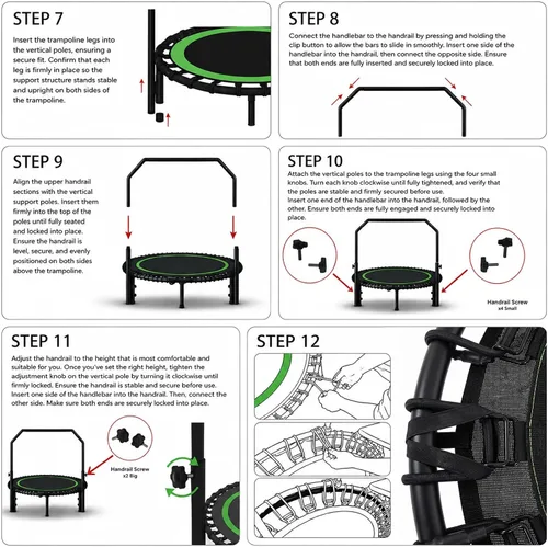 Vista 8 de Mini trampolín rebotador de 40 pulgadas para adultos, carga de 440 libras, color verde Foldable Indoor Trampoline with PP Mat, Alloy Steel Frame